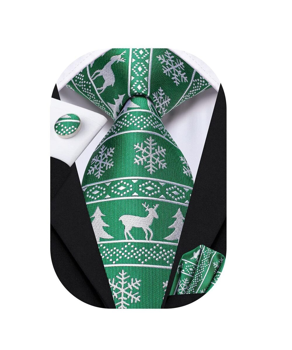 9837 Green White Silk Christmas Ties Set Stripe Reindeer XMS Tie Funny